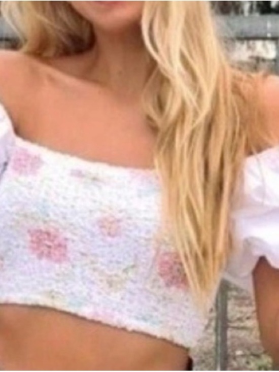 Zara Tops - Zara White Off-Shoulder Smocked Crop Top with Pink Floral Accents